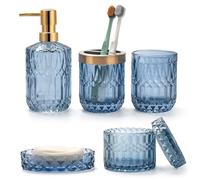 Lot de 5 Accessoires de Salle de Bain en Verre Bleu avec Distributeur de Lotion, Porte Savon, Porte Brosse à Dents, Gobelet, Pots de Cotons-Tiges, Décoration de Bain Moderne, Cadeau Vintage