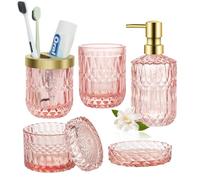 Lot de 5 Accessoires de Salle de Bain en Verre Rose avec Distributeur de Savon, Porte-Savon, Porte-Brosse à Dents, bidon de Cotons-tiges, gobelet, kit de décoration de Salle de Bain