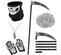 Lot de 5 accessoires pour costume de faucheuse, faux démontable et collier chaîne faucheuse de 3 m, gants, masque squelette, costume de mort,costumer pour adultes et enfants, carnaval d'Halloween