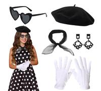 Lot de 5 accessoires pour femme française années 1950 avec béret noir, lunettes de soleil, écharpe, gants, boucles d'oreilles, kit mime d'artiste français pour cosplay, fête à thème français