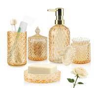 Lot de 5 Accessoires Salle de Bain en Verre - Decoration Salle de Bain avec Distributeur Savon, Porte Brosse à Dents,Tasse en Verre, Pot à Cotons-tiges et Porte-Savon, Gobelet, Cadeau de Luxe, Doré