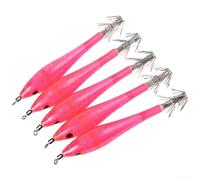 Lot de 5 aiguilles de pêche pour calmars 9 cm, 5 et 5 g, lumineuses avec émerillons puissants, adaptées aux leurres de crevettes en bois, avec parapluie rond et aiguille à deux queues (rose)