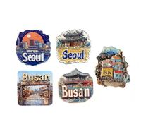 Lot de 5 aimants de réfrigérateur en résine - Seoul, Busan, Jeju - Souvenir de Corée - Fabriqués à la main - Aimants de réfrigérateur 3D City Landmark