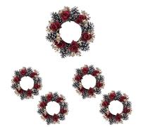 Lot de 5 anneaux de bougies de Noël - Guirlande de roses rouges - Couronne de pommes de pin artificielles avec feuilles dorées pour centre de table, maison, cuisine, armoire, fenêtre, porte d'entrée