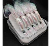 Lot de 5 appâts à mouches pour crevettes glacées avec yeux 3D, crochets en acier au carbone pour truite, saumon, perche, appâts réfléchissants, accessoires de pêche en eau douce et salée Taille 4# à