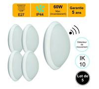 Lot de 5 appliques d'exterieur Hublot E27 à detecteur HF (mouvements et crépusculaire) rond IP44 IK10