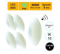 Lot de 5 appliques d'extérieur Hublot LED à détecteur HF (mouvements et crépusculaire) 16W 1500 LM 4000K IP66 IK10 - garantie 5 ans
