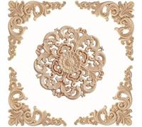 Lot de 5 appliques en bois brut pour décoration de meubles - 15 x 15 cm au centre + quatre autocollants d'angle de 8 x 8 cm pour armoires, lits et portes - Sculpture sur bois à faire soi-même