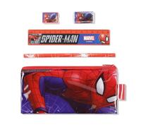 Lot de 5 articles de papeterie Spiderman pour enfants avec trousse à crayons, trousse à fermeture éclair pour écoliers, 1 crayon, 1 gomme, 1 taille-crayon et règle de 15 cm, grande trousse à crayons