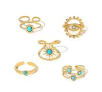 Lot de 5 bagues de phalange en plaqué or 18 carats pour femme - Style vintage bohème - En acier inoxydable - Réglable - Motif œil du diable - Plumes de soleil - Bague empilable - Cadeau idéal, 8