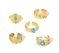Lot de 5 bagues de phalange en plaqué or 18 carats pour femme - Style vintage bohème - En acier inoxydable - Réglable - Motif œil du diable - Plumes de soleil - Bague empilable - Cadeau idéal, 8