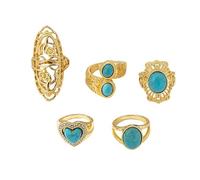 Lot De 5 Bagues Empilables Turquoise Bijou Bohème Pour Femme Homme Pierre Naturelle Fleur Cœur Ovale Anneau Midi Élégant Western Vintage Friendship Party Ou Quotidien Chic Taille 8