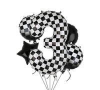 Lot de 5 ballons en aluminium en forme de chiffre 3 - Taille XXL - Noir et blanc - Motif voiture de course - 100 cm