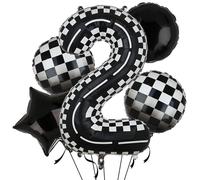 Lot de 5 ballons ronds à l'hélium en mylar en forme de voiture de course pour garçons - 101,6 cm - Motif voiture de course - Noir et blanc