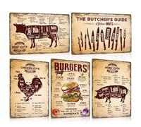 Lot de 5 Barbecue Plaque Metal Vintage pour cuisine - BBQ Panneau Decorative Pour Jardin - Burgers Poule Butcher Pancarte Decoration Murale Tableau Pour Restaurant Salle à Manger 20x30cm (Jaune)