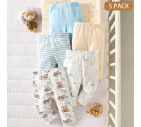 Lot de 5 bas pour nouveau-né garçon, imprimé étoiles & lune, rayures bleu clair, couleur unie, motif ours, tissu doux & confortable, pantalon pour bébé à porter au quotidien 6-9M,0-1M,1-3M,3-6MCartoon