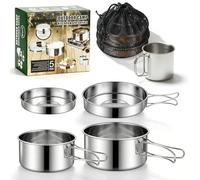 Lot de 5 Batterie de Cuisine de Camping, Kit de Casseroles Camping, Kit de Casseroles de Camping, en Acier Inoxydable avec Sac de Rangement et gobelet Pliable pour 1 à 3 Pique-niques