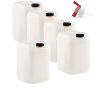 Lot de 5 bidons d'eau et de boissons de 25 litres DIN 61 avec 1 robinet d'écoulement - Approuvé par l'ONU - Convient à un usage alimentaire sans BPA - Pour la restauration, le camping, les caravanes -
