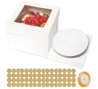 Lot de 5 boîtes à gâteau de 26 x 26 x 22 cm avec fenêtre transparente + 5 planches à gâteau, 1 ruban et 5 autocollants, boîte à gâteau blanche