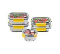 - Lot de 5 boites alimentaires en inox et couvercle en verre trempé - Ronde : 650ml - Rectangle : 2x 820ml + 2x1200ml - Compatible micro-ondes -