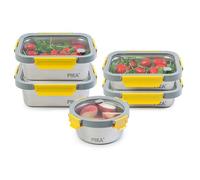 Lot de 5 boites alimentaires en inox - Ronde : 650ml - Rectangle : 2x 820ml + 2x1200ml - Compatible micro-ondes - MetalShock