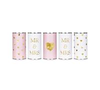 PartyDeco Lot de 5 boîtes de mariage pour voiture - 14 x 7 cm - Mr & Mrs - Décoration de voiture de mariage - Décoration de voiture et de mariage - Blanc et rose