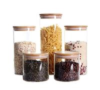 Lot de 5 Boîtes Empilables en Verre Transparent avec Couvercle Hermétique en Bambou, Rangement en Verre, Contenant Cuisine, Pot de Stockage pour Bonbons, Biscuits, Riz, Sucre, Farine, Pâtes, Noix