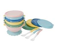 Badabulle Lot de 5 bols ventouse antidérapants 330ml et 3 cuillères 1er âge souples - avec Couvercles Hermétiques - Compatibles Micro-ondes & Congélateur