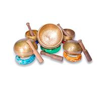 Lot de 5 bols chantants tibétains authentiques en 7 métaux pour yoga, guérison des chakras, relaxation profonde, soulagement du stress et pleine conscience, fabriqués à la main au Népal, avec coussins