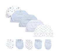 Lot de 5 bonnets en coton pour nouveau-né et 5 paires de gants anti-rayures pour bébé 0-6 mois avec noir, gris, rose ou bleu - Bleu - Taille Unique