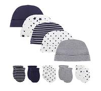 Lot de 5 Bonnets en Coton pour Nouveau-né et 5 Paires de Gants Anti-Rayures pour bébé 0-6 Mois avec Noir, Gris, Rose ou Bleu - Noir - Taille Unique