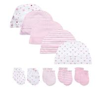 Lot de 5 bonnets en coton pour nouveau-né et 5 paires de gants anti-rayures pour bébé 0-6 mois avec noir, gris, rose ou bleu - Rose - Taille Unique
