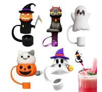 Lot de 5 bouchons de paille pour Halloween - de paille réutilisables et anti-poussière en silicone pour gobelets de 10 mm, décoration de tasse d'Halloween avec pointes fantôme et