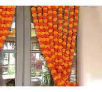 Lot de 5 brins de calendula orange et mangue 1,4 m de long Artificielles Traditionnelles Indiennes Pour mariage, fête Décoration de la maison Fleurs à suspendre Décoration de jardin