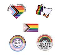 Lot de 5 broches de fierté pour homme et femme en alliage émaillé avec drapeau arc-en-ciel cœur canard You're Safe with Me broches LGBT Gay Lesbiennes Accessoires de bijoux, Zinc, Pas de gemme