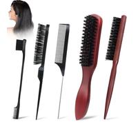 Lot de 5 brosses à dos lisses de qualité supérieure - Brosse à cheveux en poils de sanglier naturels avec peigne en plastique et brosse à sourcils pour démêler et coiffer les cheveux, la barbe