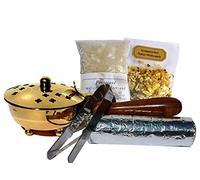 Lot de 5 brûleurs d'encens pour fumage d'encens, résines, avec encens, charbon de fumage, sable pour fumoir, pince à fumage (doré/laiton)