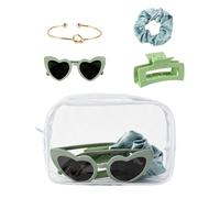 Lot de 5 cadeaux de demande en demoiselle d'honneur - Trousse de toilette transparente en forme de cœur, lunettes de soleil, chouchous à cheveux, pince et bracelets - Idée cadeau pour demoiselle