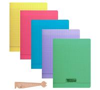 Lot de 5 Cahiers 17 x 22-140 pages - couverture polypro - grands carreaux + 1 Règle Marque-Page en Bois Blumie