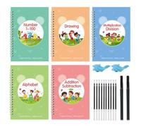 Lot de 5 cahiers d'entraînement à l'écriture rainurés et réutilisables, grands cahiers d'entraînement à l'écriture à rainures magiques, cahiers d'exercices de traçage de lettres avec stylos à encre