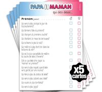 Lot de 5 cartes pronostics bébé, prédictions naissance, Jeu babyshower, gender reveal, fête prénatale, Papa ou maman, Qui des 2. (5 cartes Papa ou Maman)
