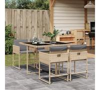 Lot de 5 chaises de jardin avec coussins - Beige mélangé - En rotin PE - Chaise pliante avec dossier - Dessus de table en verre - Housse amovible et lavable
