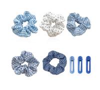 Lot de 5 Chouchous et 3 Pinces à Cheveux pour Femme - Élastiques à Carreaux Bleus et à Pois - Accessoires Moelleux et Mignons pour Queue de Cheval