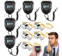 Lot de 5 chronomètres numériques étanches avec 5 sifflets en acier inoxydable, grand écran, chronographe pour entraîneur, fitness, course à pied (noir)