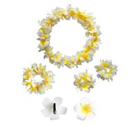 Lot de 5 colliers hawaïens à motif floral hawaïen avec serre-tête et serre-tête à fleurs hawaïennes - Accessoires pour fête sur la plage - Blanc