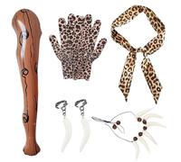 Lot de 5 costumes d'homme des cavernes sauvages, comprenant un bâton gonflable en bois imprimé léopard, une écharpe et des gants ivoire, un collier et des boucles d'oreilles, accessoires de costume