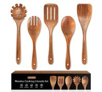 Lot de 5 cuillères en bois pour la cuisine en teck naturel - Surface lisse et antiadhésive - Spatule en bois douce et confortable