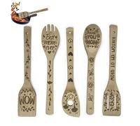 Lot de 5 Cuillères et Ustensiles en Bois - Spatule de Cuisine en Bambou Personnalisée - Cadeau pour la Fête des Mères