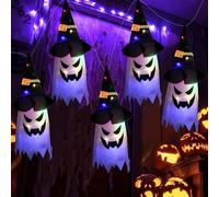 Lot de 5 Décoration Halloween Extérieur, Halloween Decoration, Fantômes Suspendus avec Chapeau de Sorcière, Fantôme à Suspendre avec Lumière LED Colorée pour Fête, Jardin, Arbre