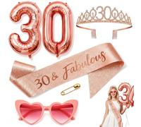 Lot de 5 décorations d'anniversaire pour femme avec couronne, écharpe, lunettes en forme de cœur rose et ballons or rose, décoration d'anniversaire pour 30e anniversaire